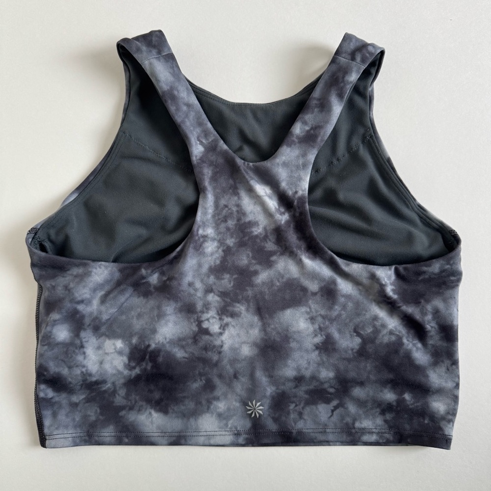 Athleta Conscious Cropped longer length sports bra in blue/gray tie dye. Size: S - Picture 4 of 11